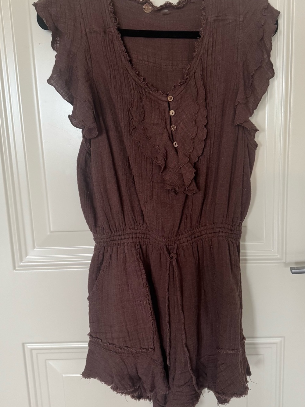 Free People Ruffled Gauze Short Romper in Dusty Mauve/ Brown - Picture 2 of 8